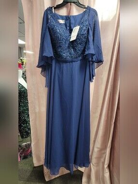 Embroidered Chiffon Maxi Dress in Navy Blue
